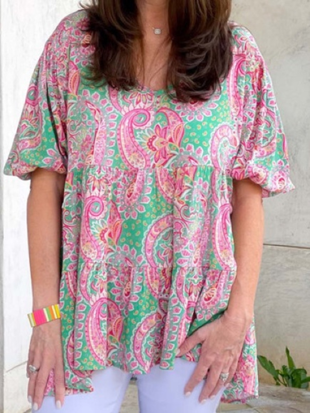 BiBi Boutique Pink & Green Paisley V-Neck Peplum Tunic Blouse Size Medium